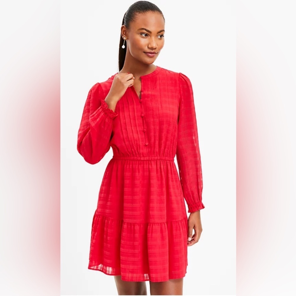 LOFT Plaid Pintucked Tiered Flare Dress SZ Large NWT